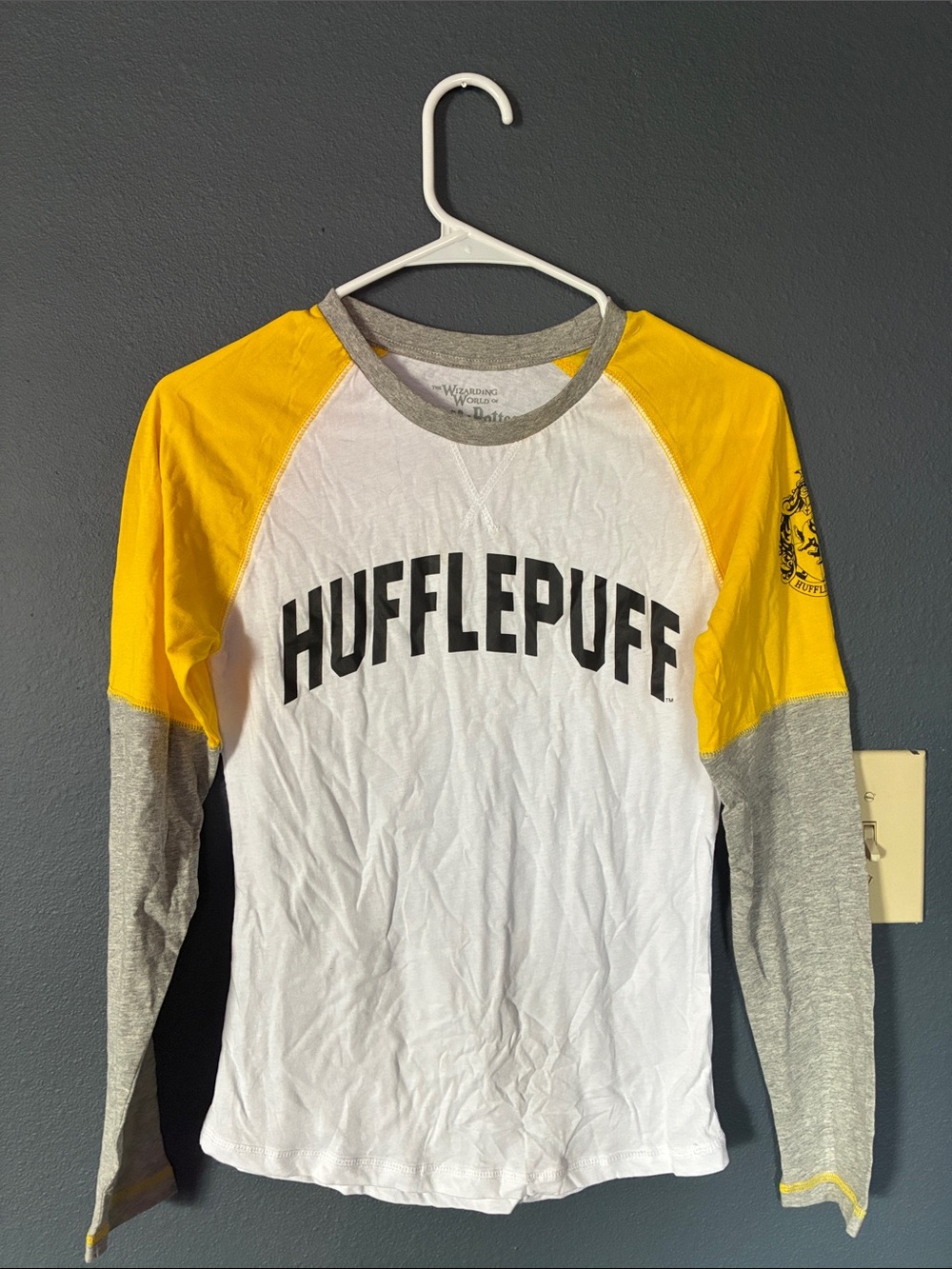Universal Studios Hufflepuff Raglan Long Sleeve Tee - White, Yellow & Gray